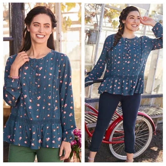 Matilda Jane Tops - Matilda Jane Dream A Little Dream Floral Polka Dot Blouse Blue Pink Size Medium